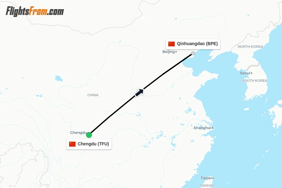 Flights from Chengdu to Qinhuangdao route map