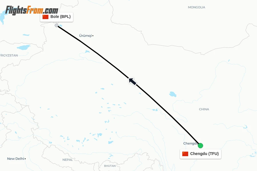 Flights from Chengdu to Bole route map