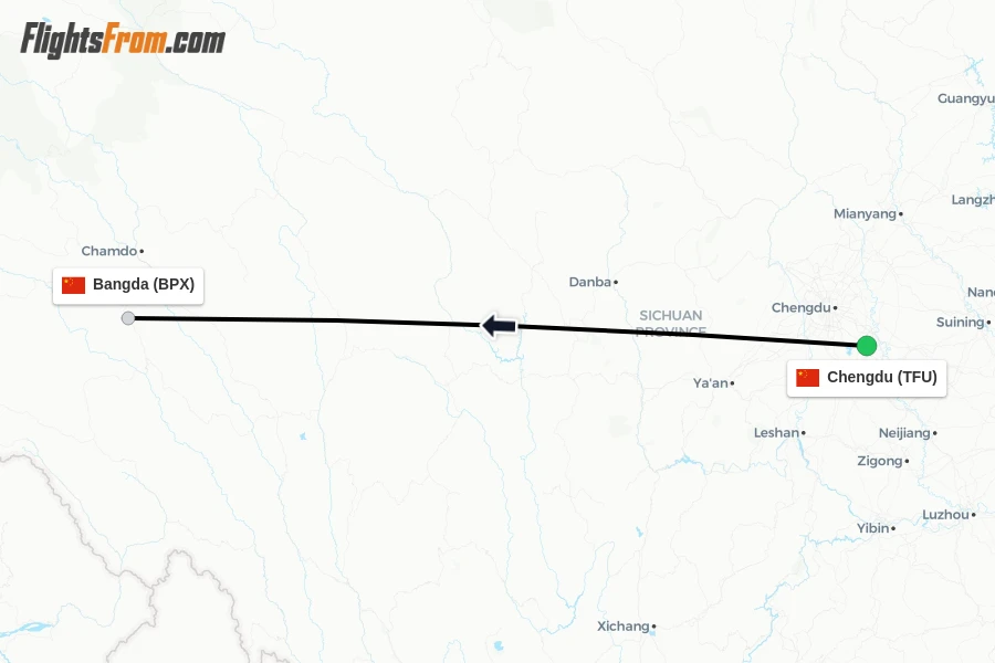 Flights from Chengdu to Bangda route map
