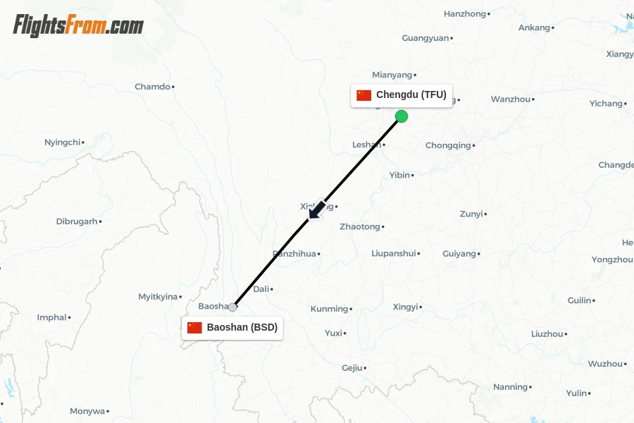 Flights from Chengdu to Baoshan route map