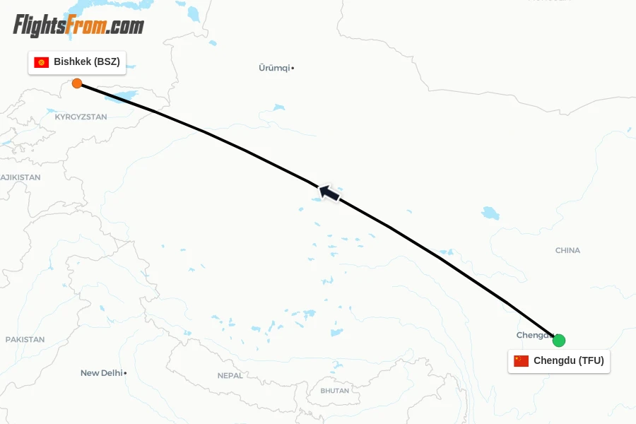 Flights from Chengdu to Bishkek route map