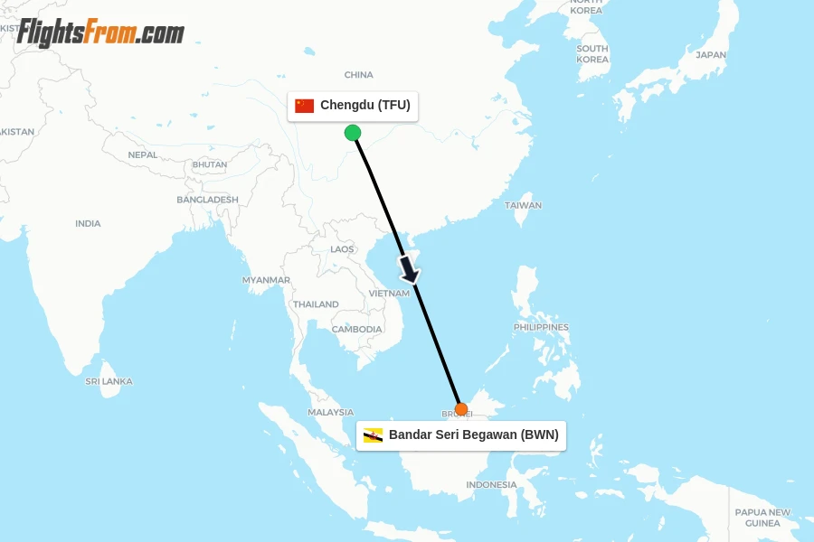 Flights from Chengdu to Bandar Seri Begawan route map