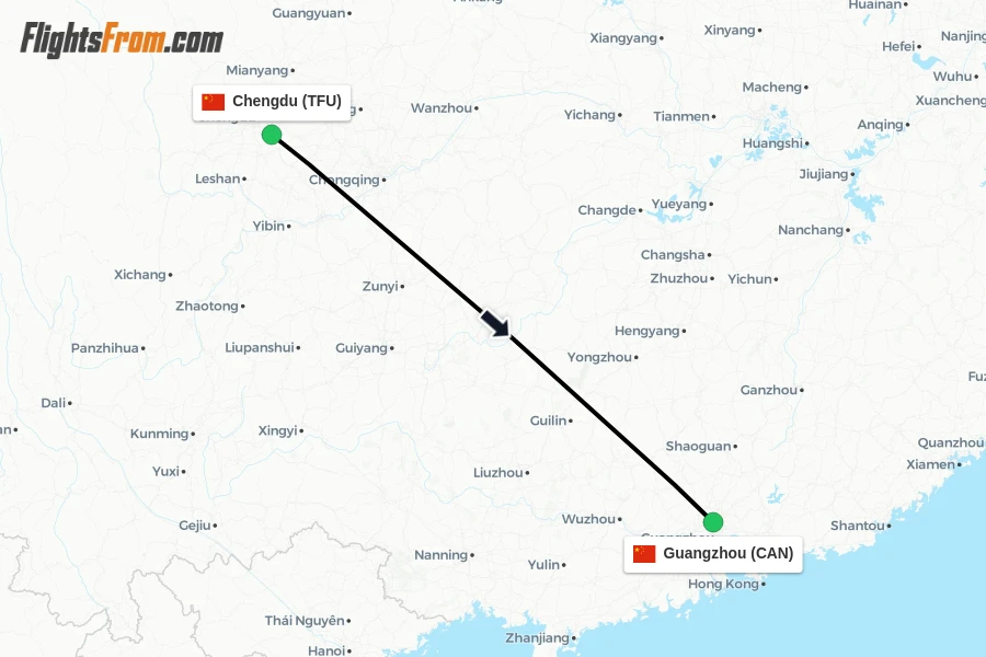 Flights from Chengdu to Guangzhou route map
