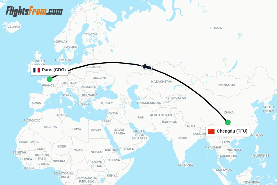 Flights from Chengdu to Paris route map