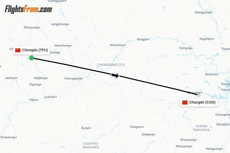 Flights from Chengdu to Changde route map