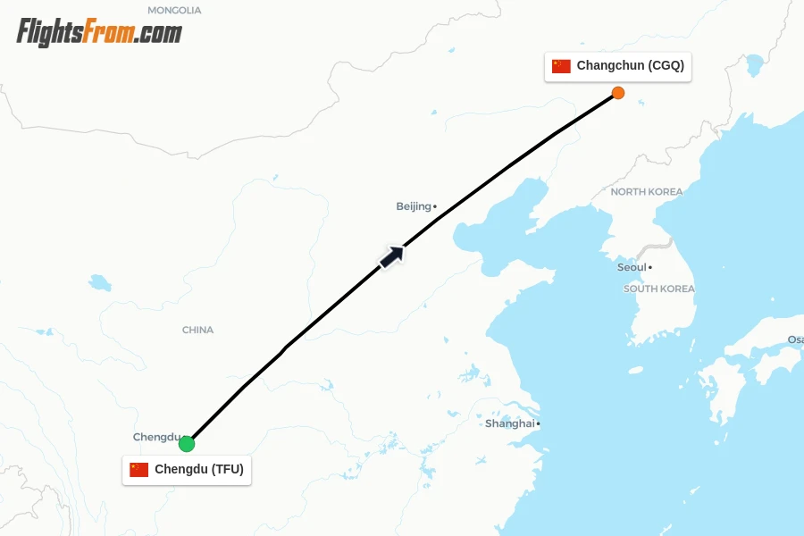Flights from Chengdu to Changchun route map