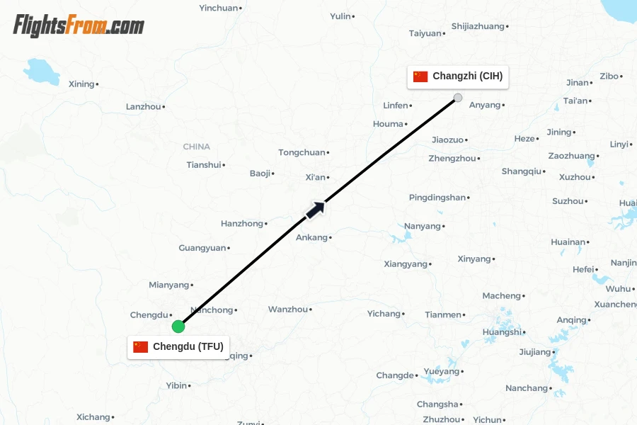 Flights from Chengdu to Changzhi route map