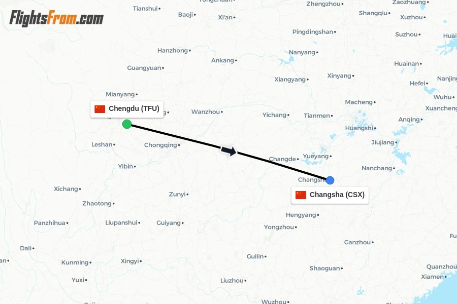 Flights from Chengdu to Changsha route map