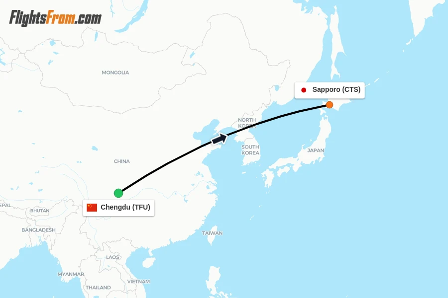 Flights from Chengdu to Sapporo route map