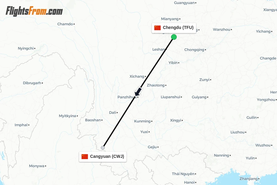 Flights from Chengdu to Cangyuan route map