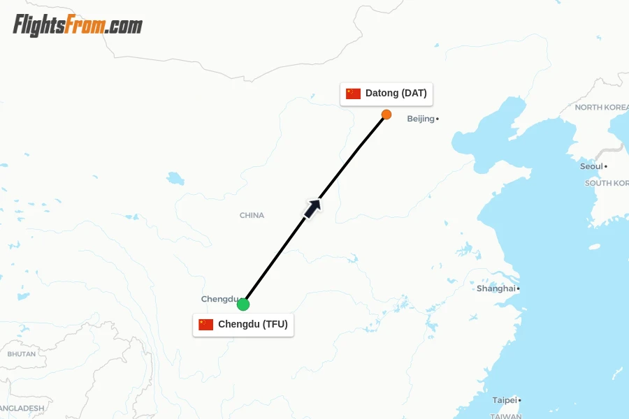Flights from Chengdu to Datong route map