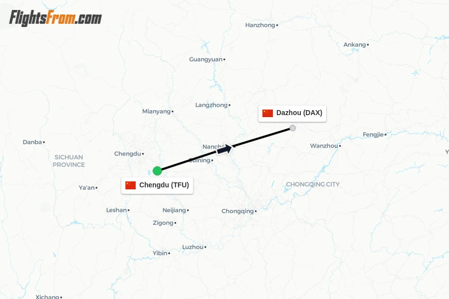 Flights from Chengdu to Dazhou route map