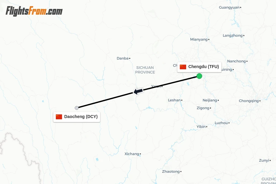 Flights from Chengdu to Daocheng route map