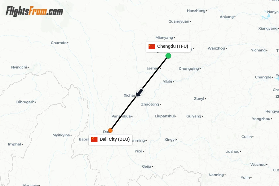 Flights from Chengdu to Dali City route map