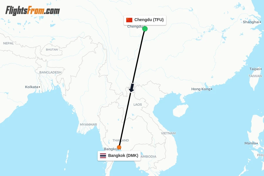 Flights from Chengdu to Bangkok route map
