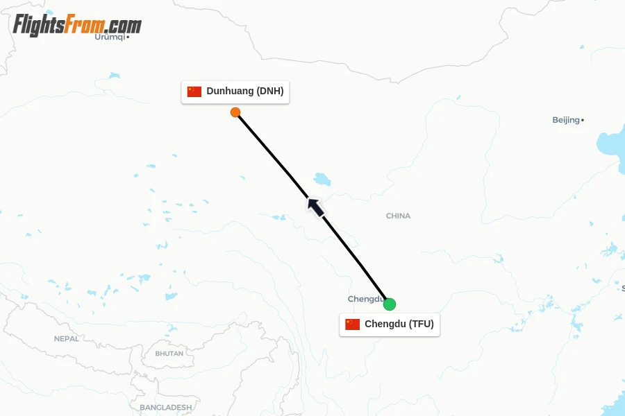 Flights from Chengdu to Dunhuang route map