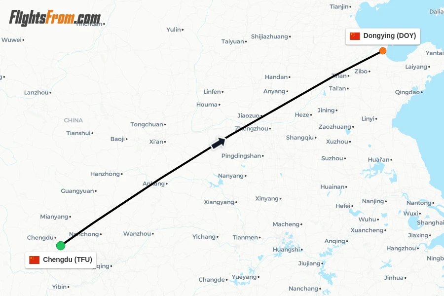 Flights from Chengdu to Dongying route map