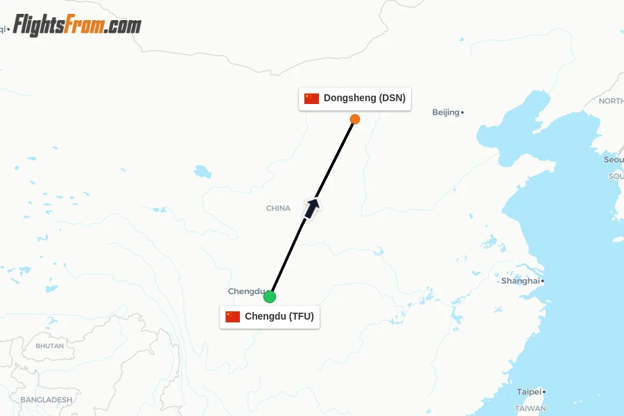 Flights from Chengdu to Dongsheng route map
