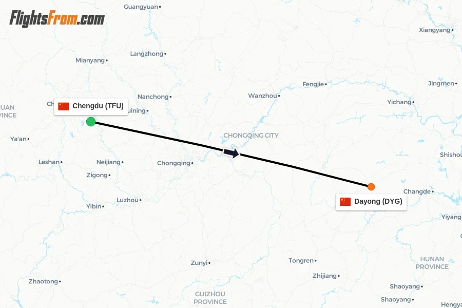 Flights from Chengdu to Dayong route map