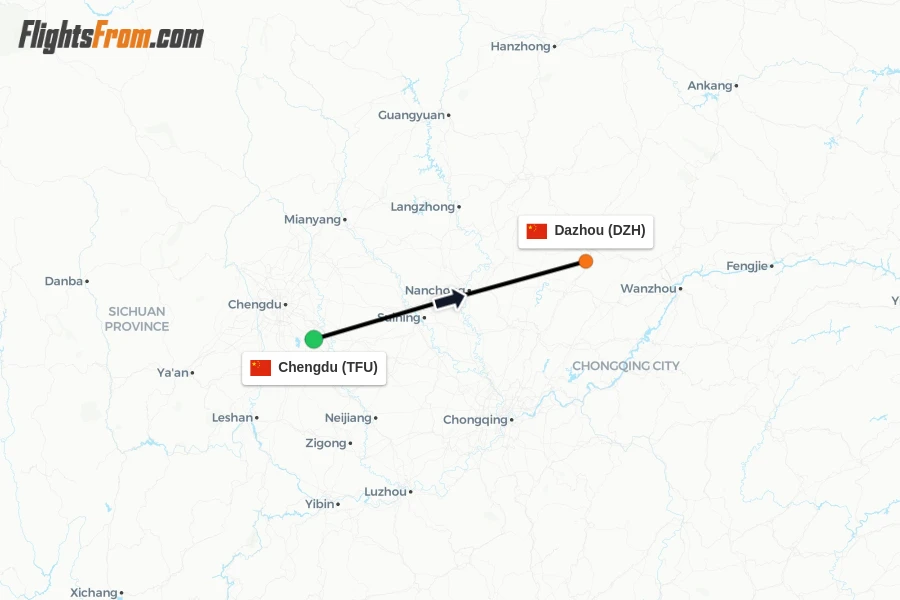 Flights from Chengdu to Dazhou route map