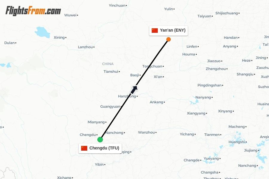 Flights from Chengdu to Yan'an route map