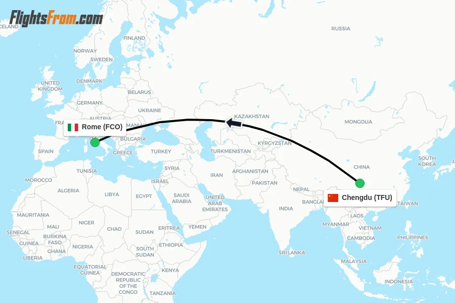Flights from Chengdu to Rome route map