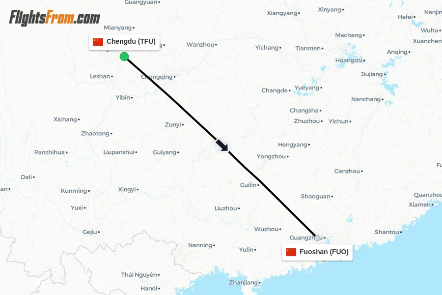 Flights from Chengdu to Fuoshan route map