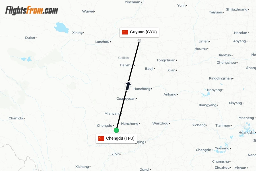Flights from Chengdu to Guyuan route map
