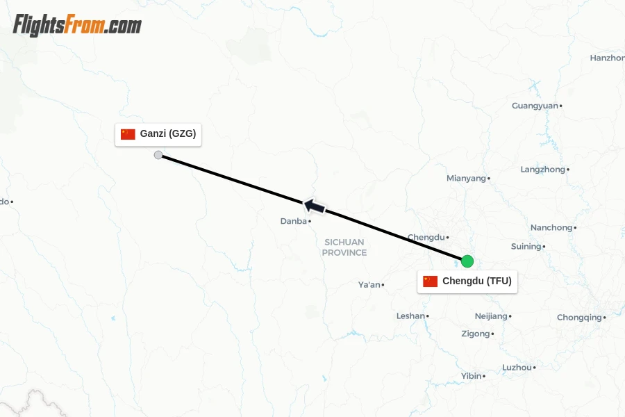 Flights from Chengdu to Ganzi route map