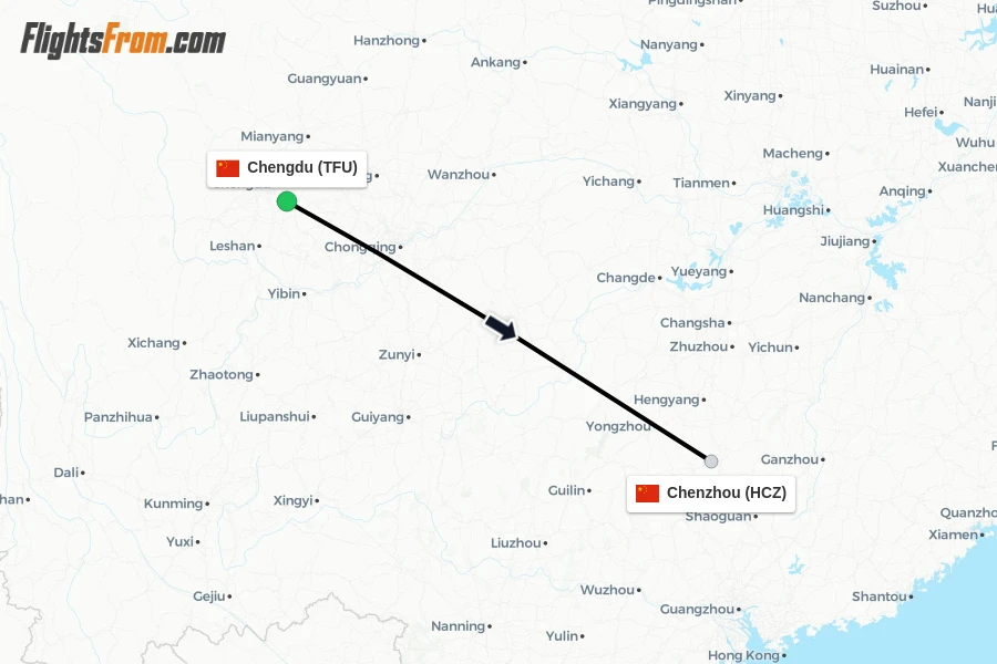 Flights from Chengdu to Chenzhou route map