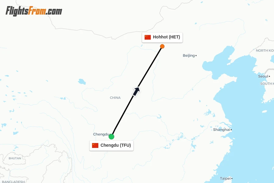 Flights from Chengdu to Hohhot route map