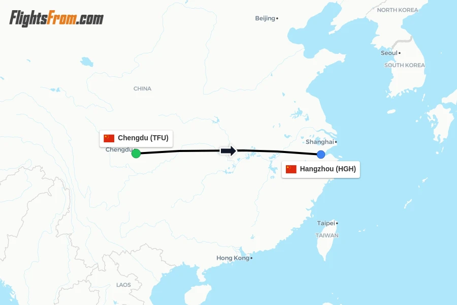 Flights from Chengdu to Hangzhou route map