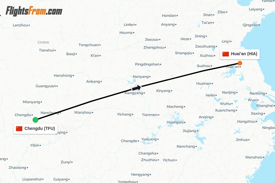 Flights from Chengdu to Huai'an route map