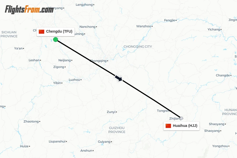 Flights from Chengdu to Huaihua route map