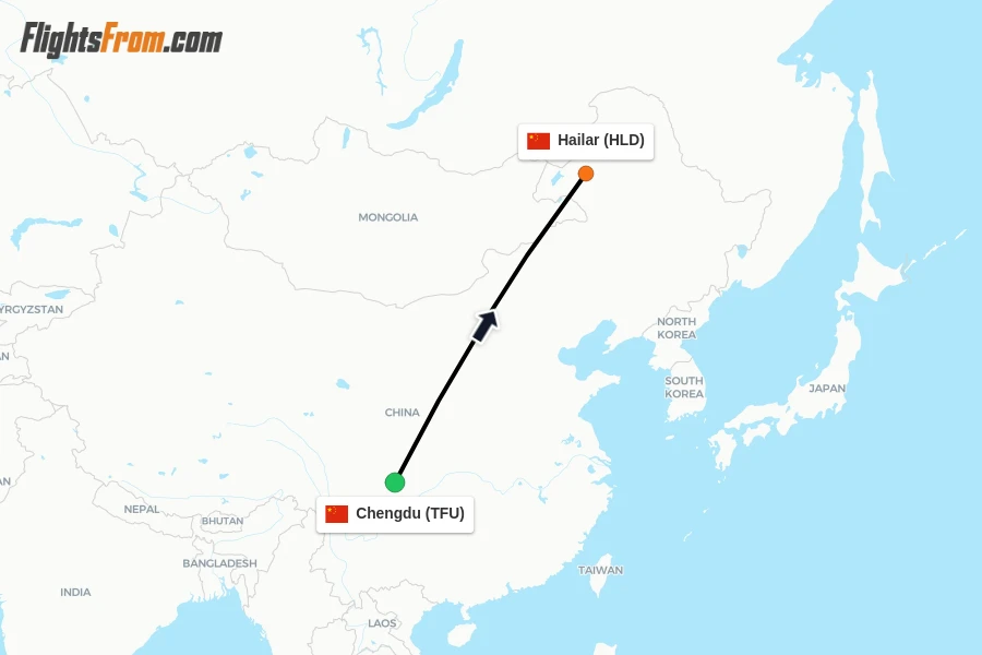 Flights from Chengdu to Hailar route map