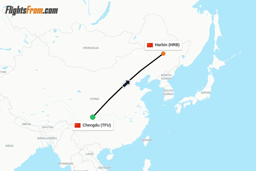 Flights from Chengdu to Harbin route map