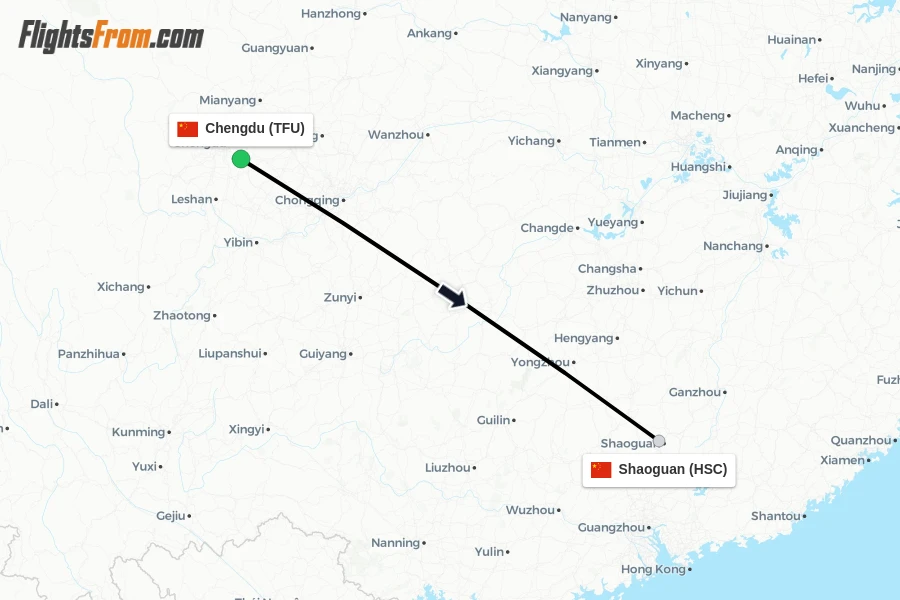 Flights from Chengdu to Shaoguan route map