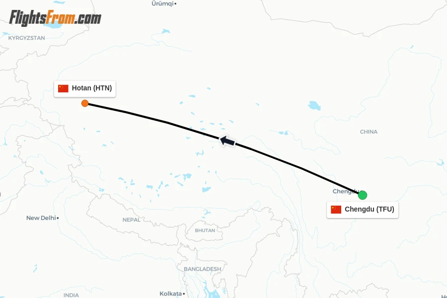 Flights from Chengdu to Hotan route map