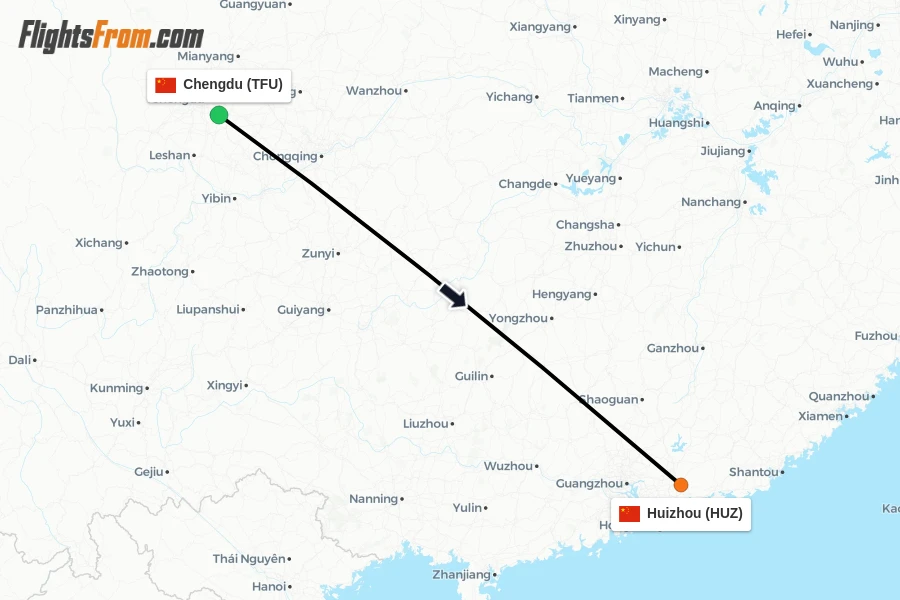 Flights from Chengdu to Huizhou route map