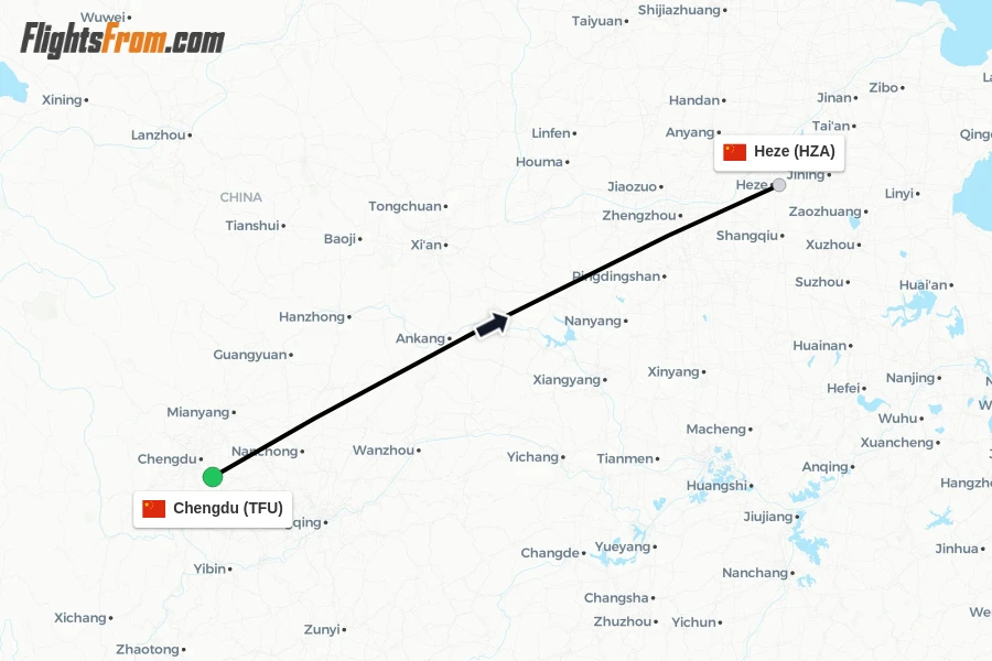 Flights from Chengdu to Heze route map