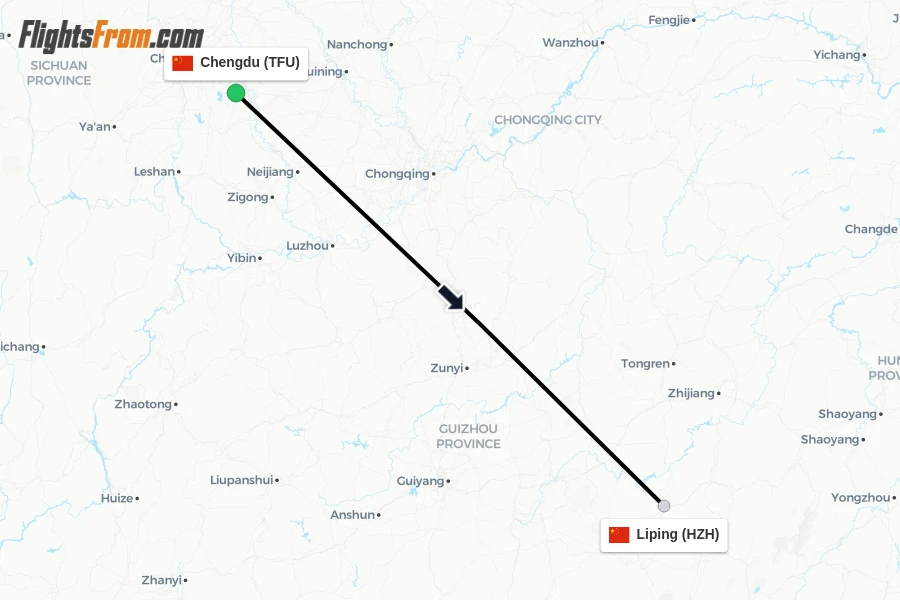 Flights from Chengdu to Liping route map