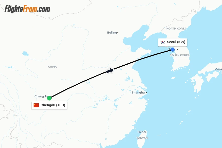 Flights from Chengdu to Seoul route map