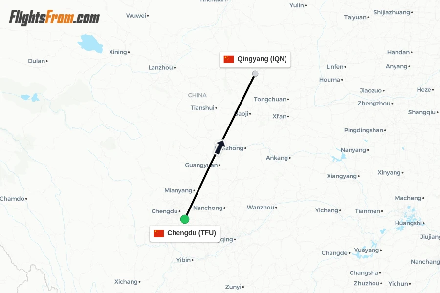 Flights from Chengdu to Qingyang route map