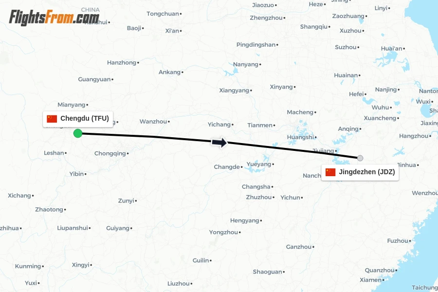 Flights from Chengdu to Jingdezhen route map