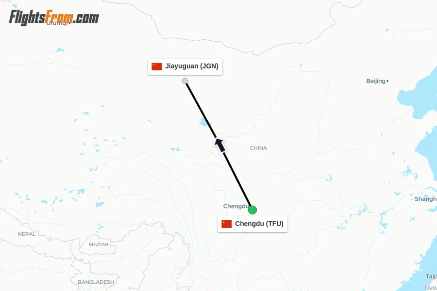 Flights from Chengdu to Jiayuguan route map
