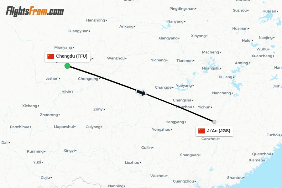 Flights from Chengdu to Ji'An route map