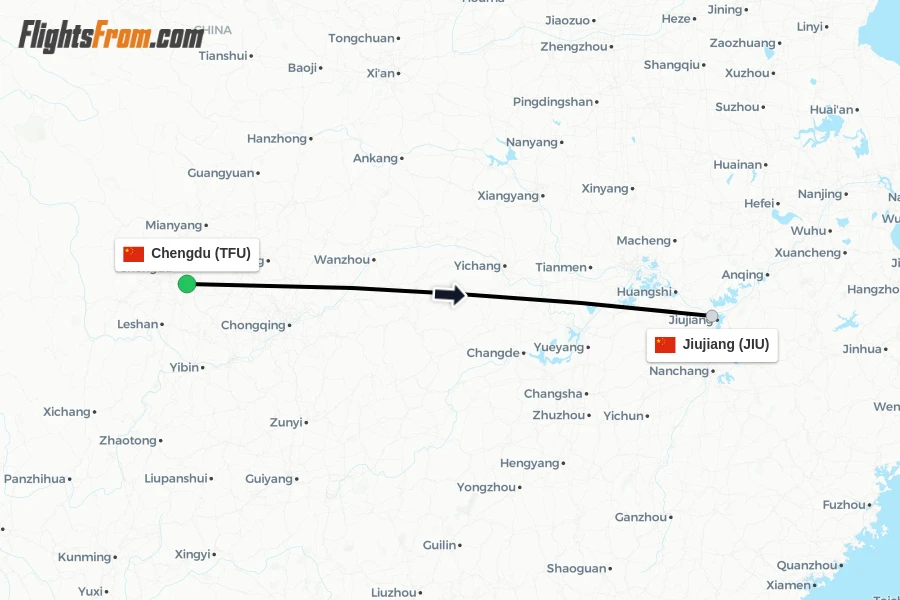 Flights from Chengdu to Jiujiang route map
