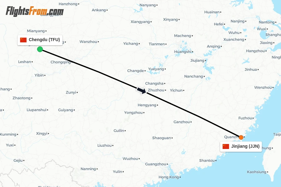 Flights from Chengdu to Jinjiang route map