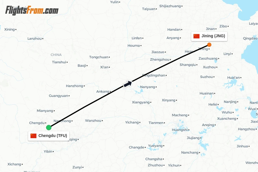 Flights from Chengdu to Jining route map