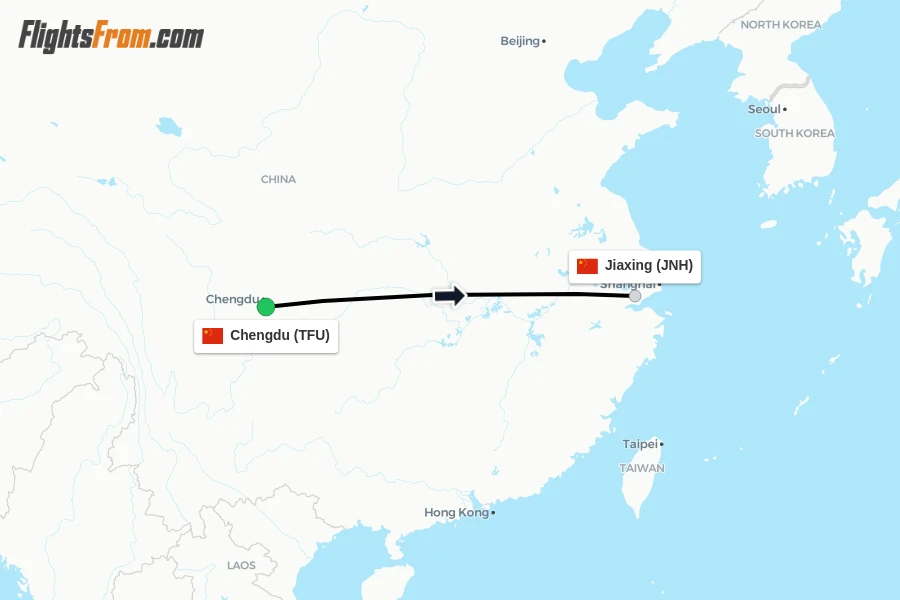 Flights from Chengdu to Jiaxing route map